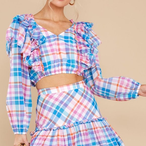 New LoveShackFancy Plaid Nilo Malibu Dream Blue Crop Top 2 - Picture 1 of 6